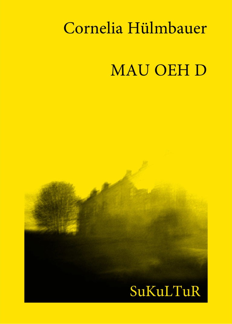 Buchcover mit einer verwischten schwarzweiß Landschaftsfotografie auf gelben Hintergrund.
